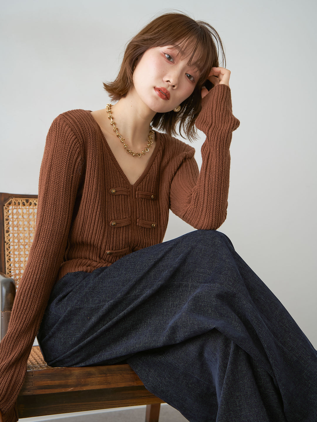 [予約]ナポレオンVネックリブニットトップス/brown