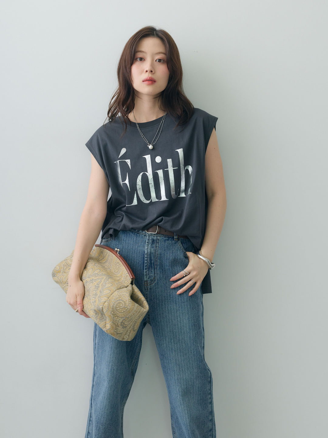 [予約]箔ロゴプリントノースリオーバーTEE/charcoal