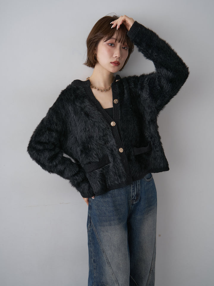 [予約]ゴールドボタンポケットデザインシャギーニットカーディガン/black