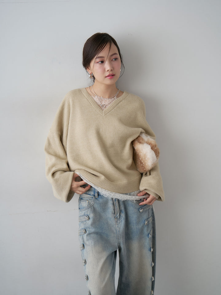 [予約]アルパカタッチレースドッキングVネックニットトップス/beige