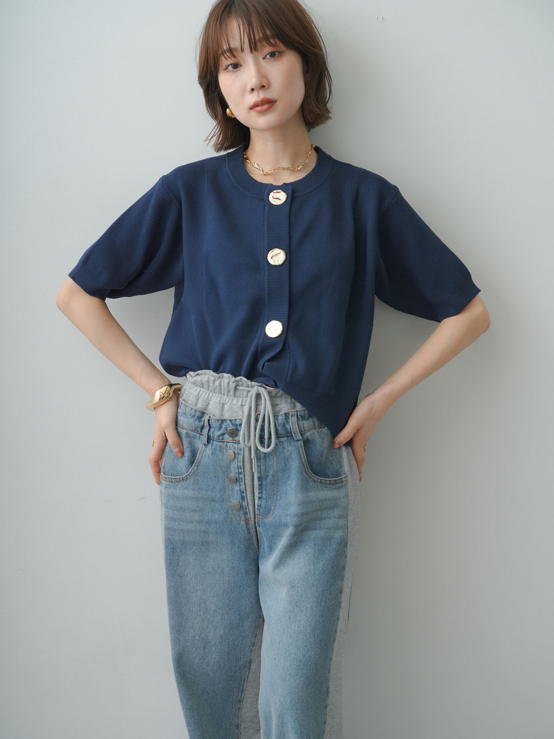 [SET]ゴールドボタンハーフニットカーディガン+デニム切替スウェットパンツ(2set)