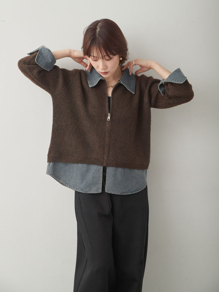 [SET]デニムレイヤードデザインジップニットカーディガン+スウェットカーブパンツ(2set)