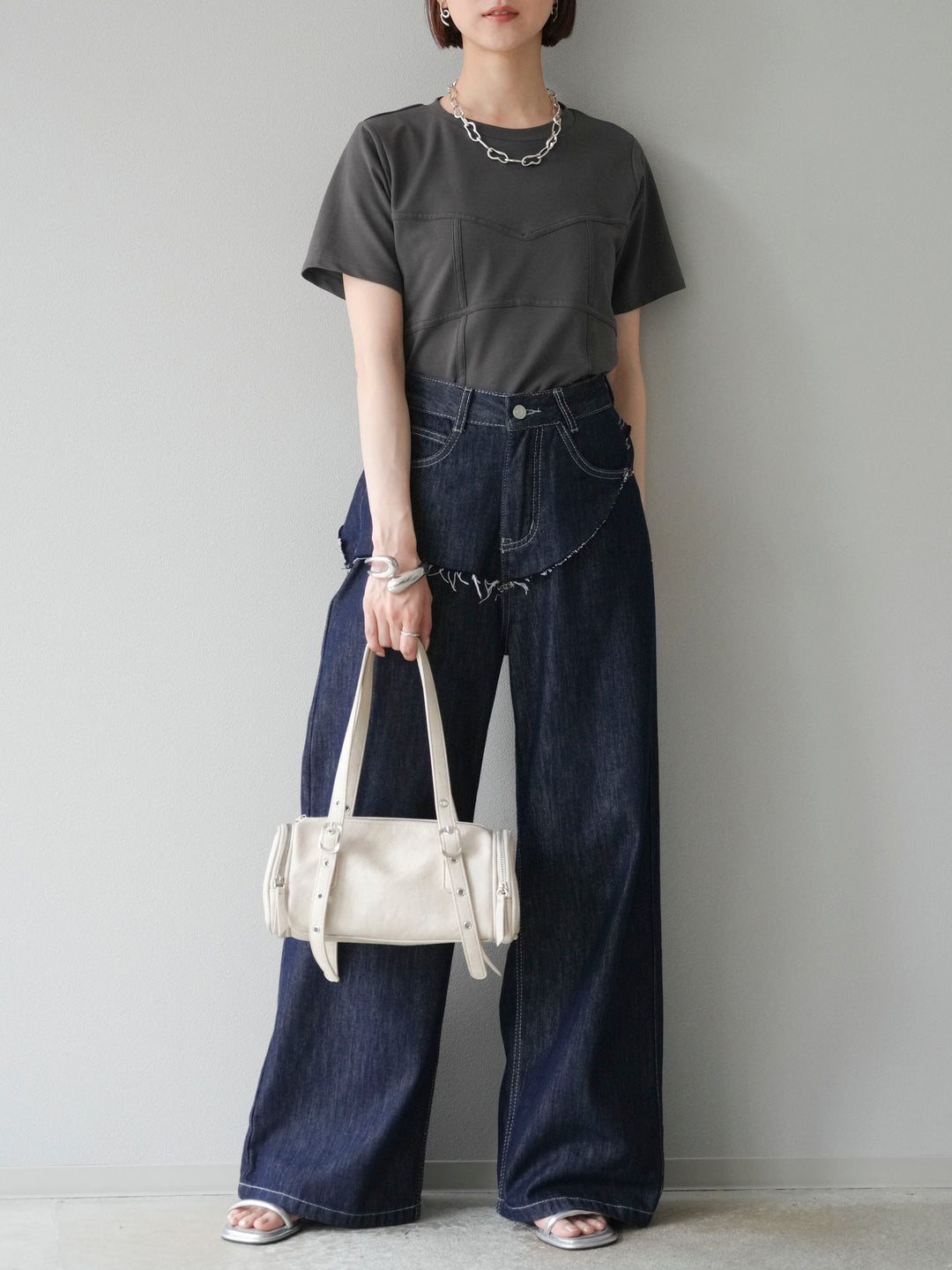 [SET]ビスチェデザインTシャツ+ヒップデザインデニムパンツ(2set)