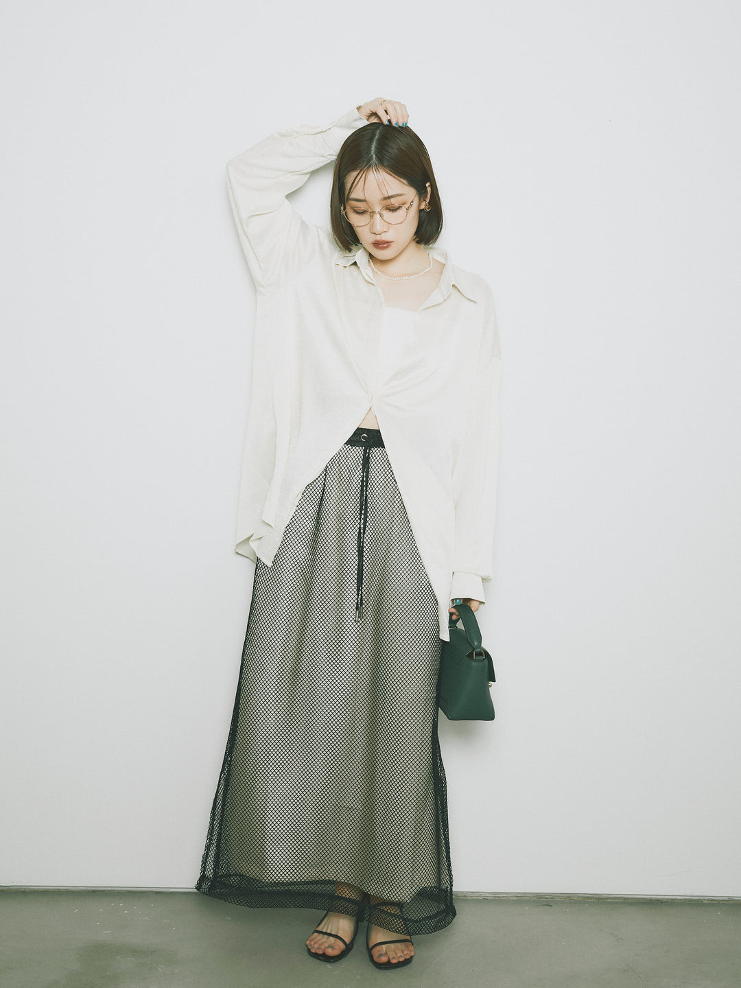 【Allure】[SET]サテンタッチワッシャーオーバーシャツ+メッシュレイヤードスカート(2set)
