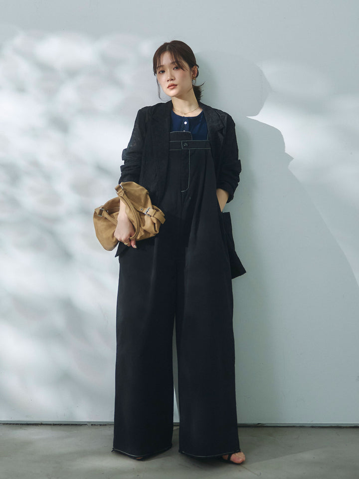 [予約]カットオフコットンツイル配色ステッチサロペット/black