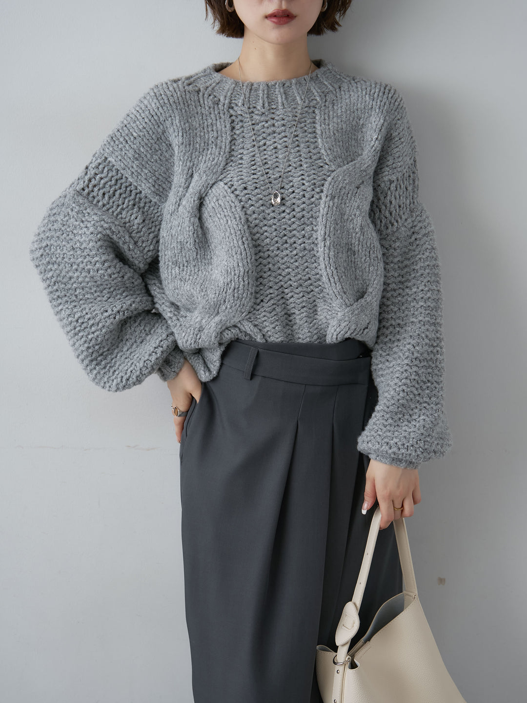 [予約]チャンキーケーブルニットトップス/gray