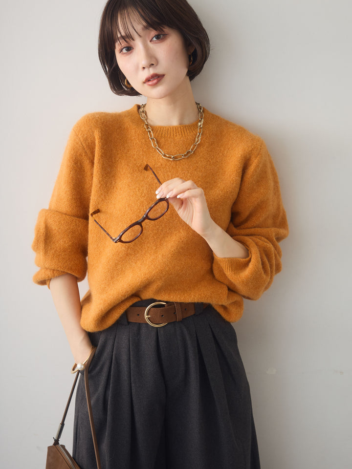 [予約]ソフトヘアリークルーネックニットトップス/orange