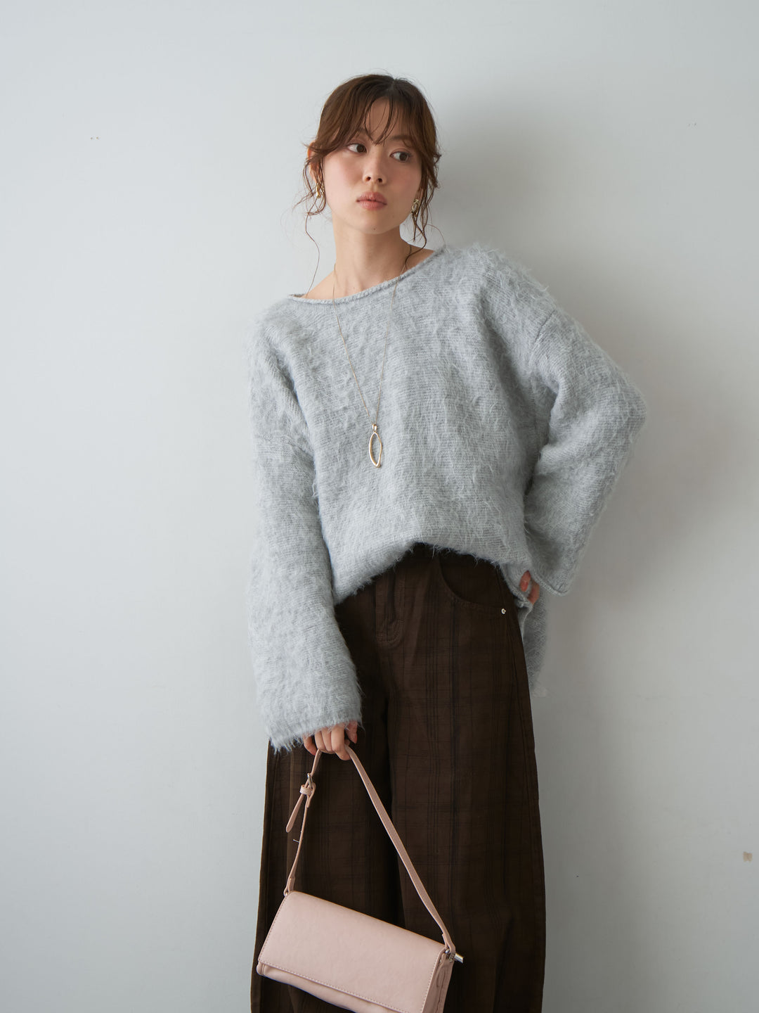 [予約]ボートネックシャギーオーバーニットトップス/lightgray