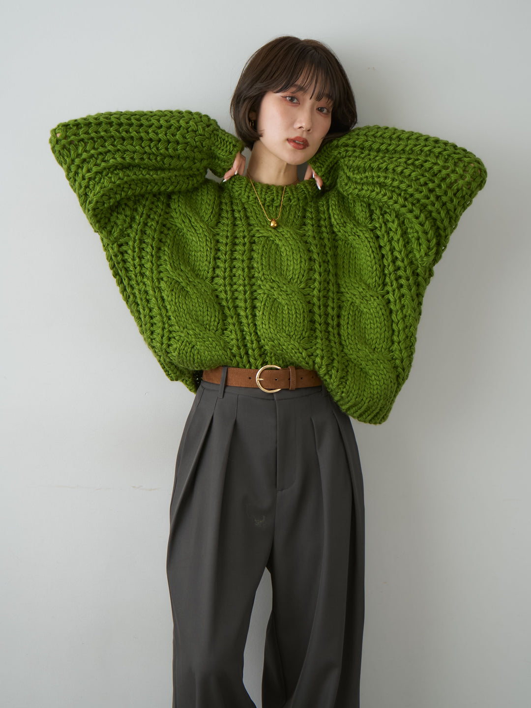 [予約]ボリュームケーブルニットプルオーバー/green