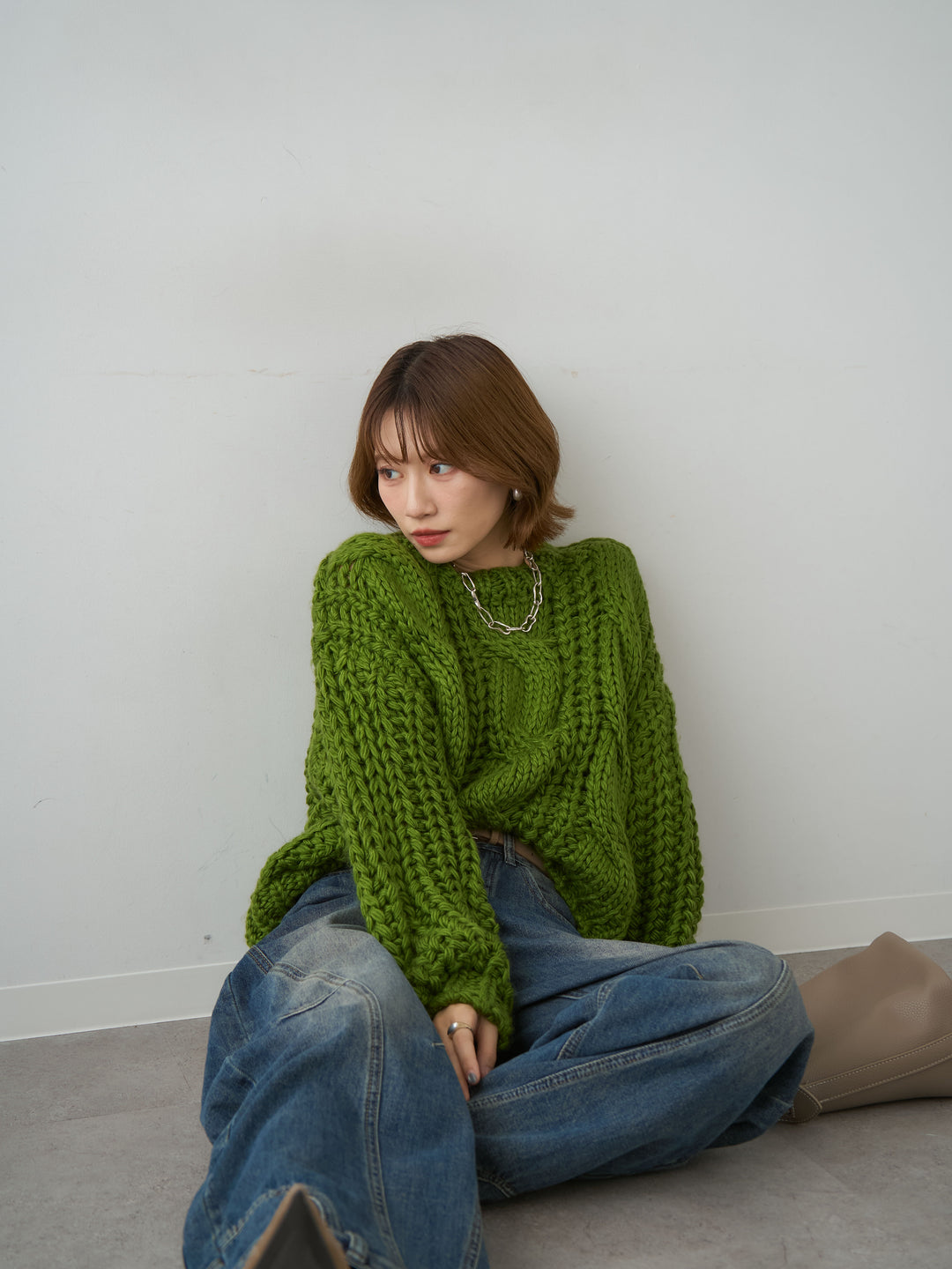 [予約]ボリュームケーブルニットプルオーバー/green