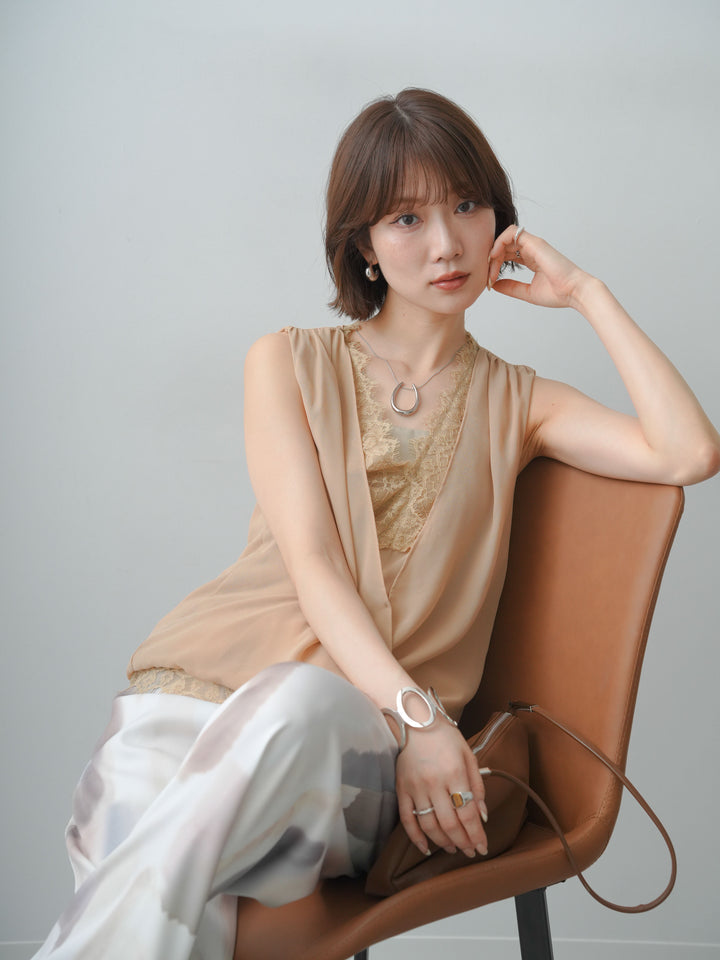 [予約]レースレイヤードカシュクールノースリブラウス/beige