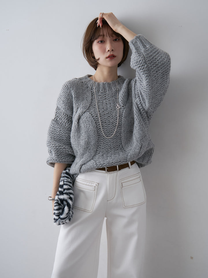 [予約]チャンキーケーブルニットトップス/gray
