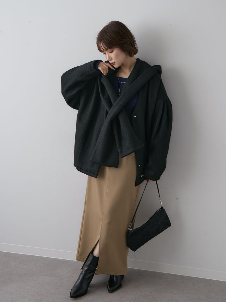 [SET]フードマフ付メランジコート+クレープデシンフラップ付きストレートスカート(2set)
