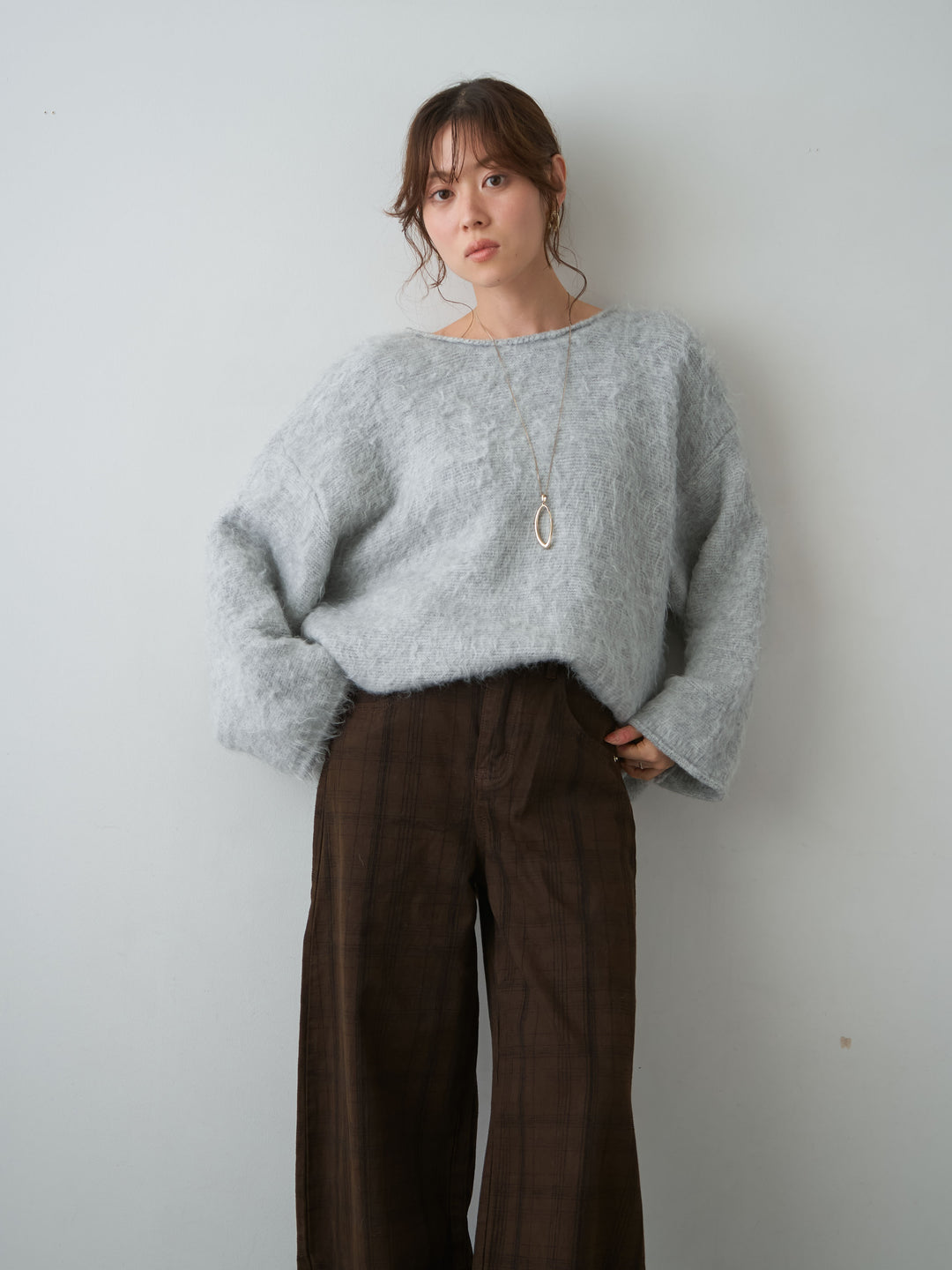 [予約]ボートネックシャギーオーバーニットトップス/lightgray
