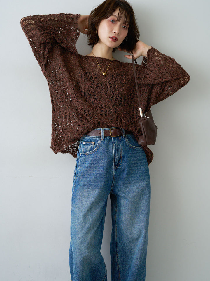 [予約]ミックスループ透かし編みニットトップス/brown