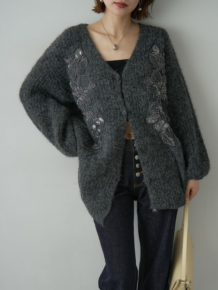 [予約]フローラルビーズニットロングカーディガン/darkgray