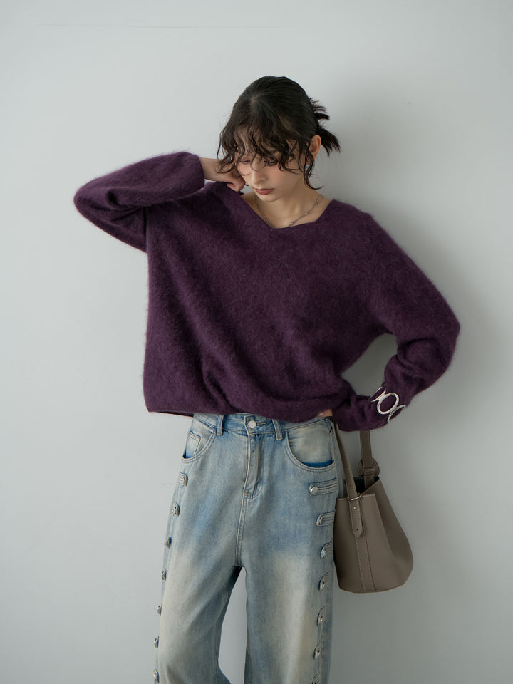 [予約]カシミア混フェザータッチVネックニットトップス/purple