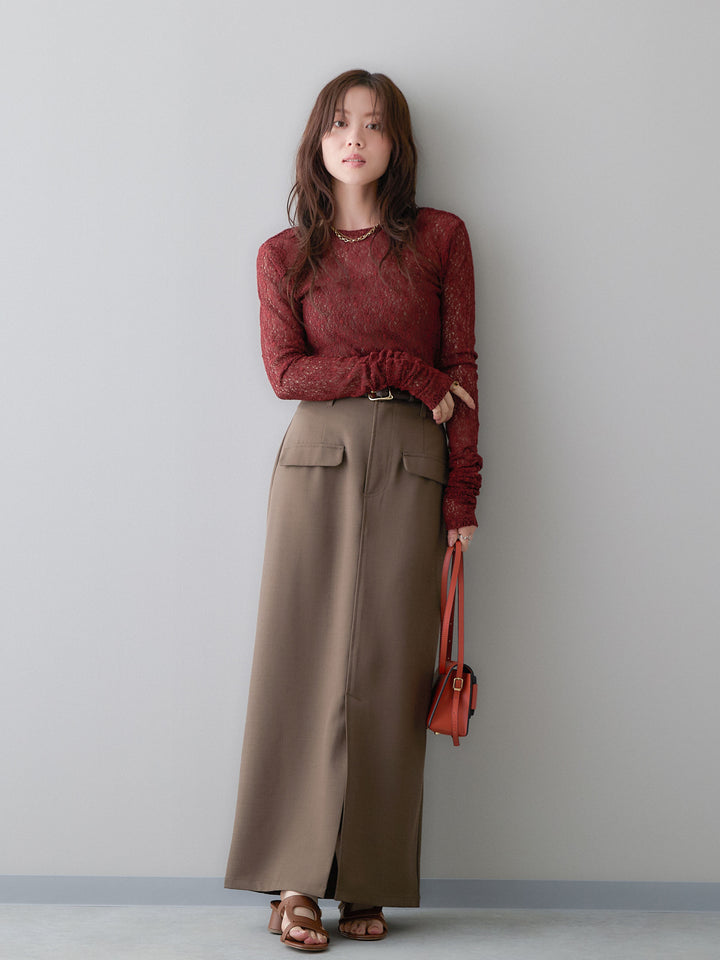 [SET]メッシュレースバックオープントップス+クレープデシンフラップ付きストレートスカート(2set)