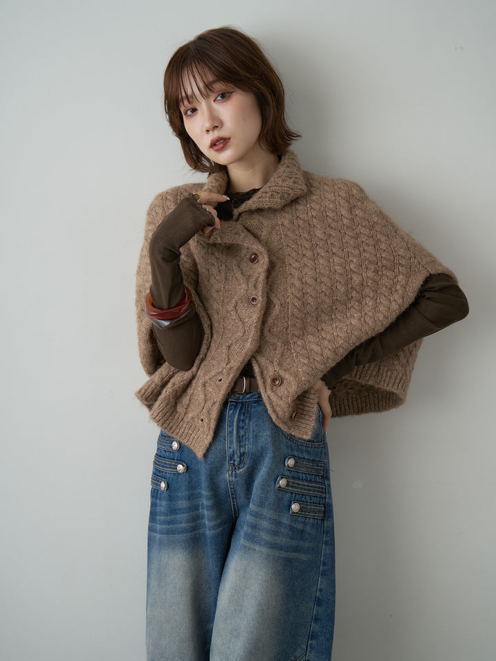[予約]ケーブルケープニットトップス/brown