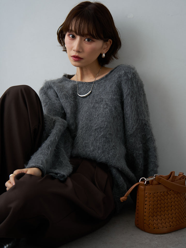 [予約]ボートネックシャギーオーバーニットトップス/darkgray