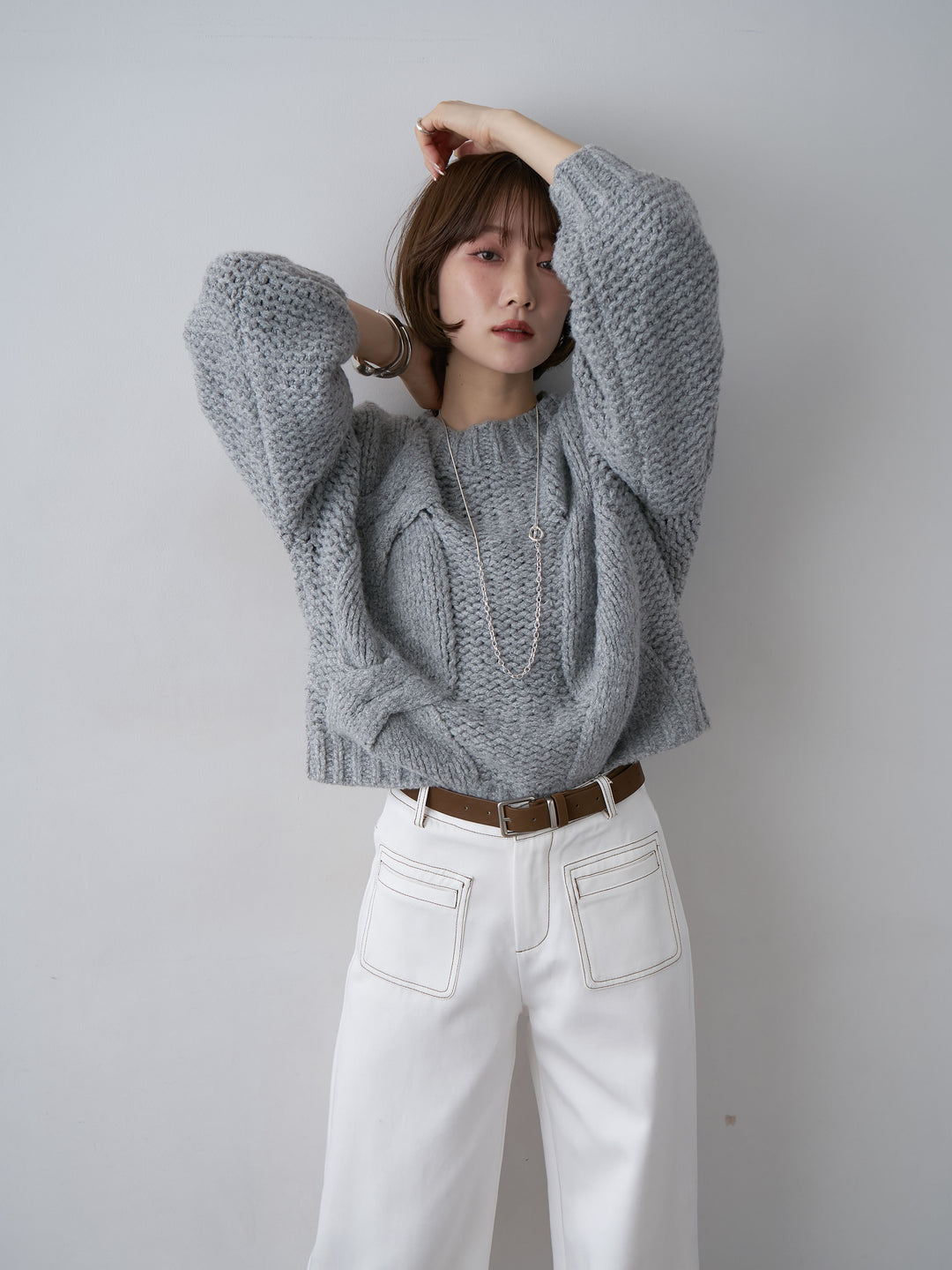 [予約]チャンキーケーブルニットトップス/gray