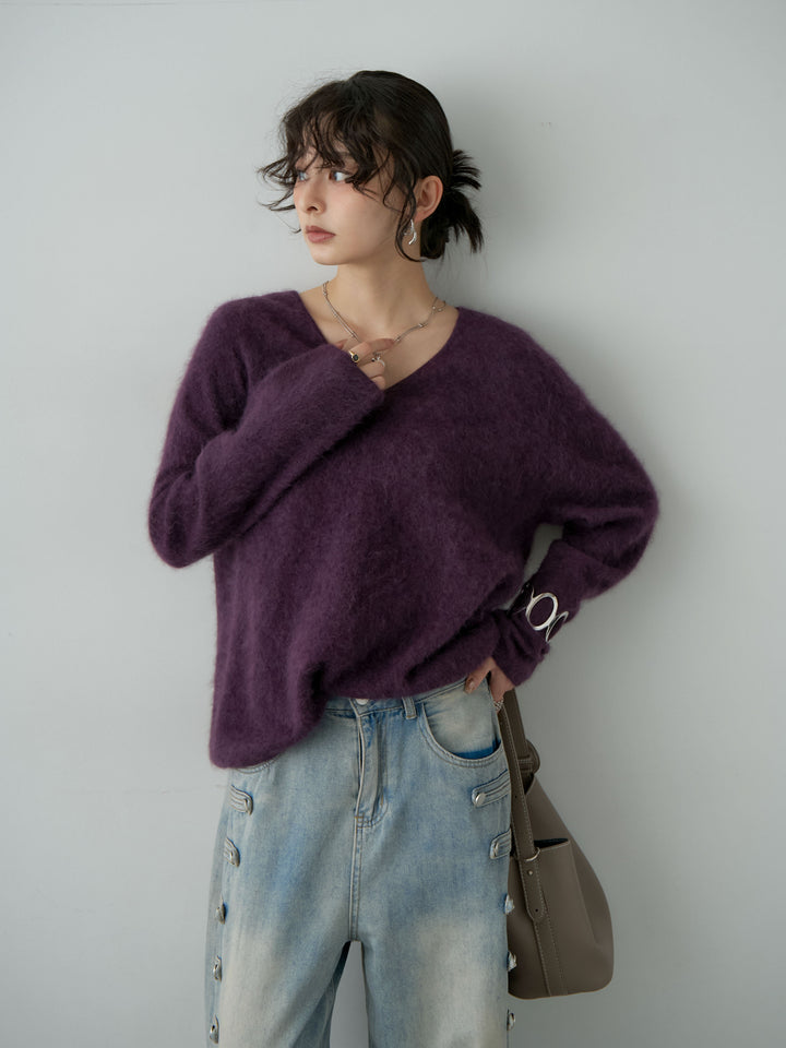 [予約]カシミア混フェザータッチVネックニットトップス/purple