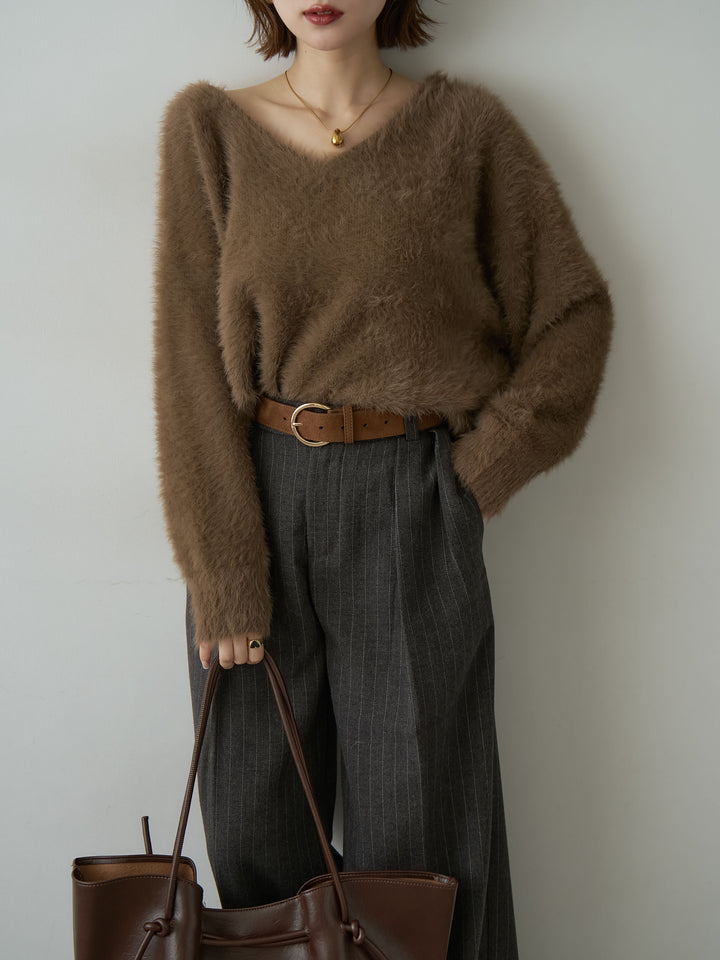 [予約]バックリボンVネックシャギーニットトップス/brown