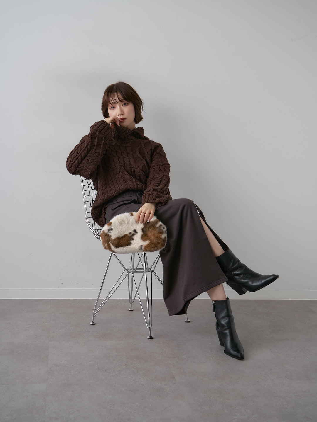 [予約]ネックボタンミックスケーブルニットトップス/brown