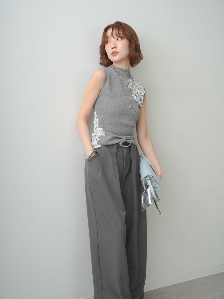 [予約]サイドレースノースリモックニットトップス/gray