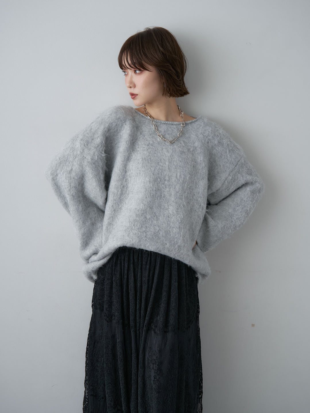 [予約]ボートネックシャギーオーバーニットトップス/lightgray