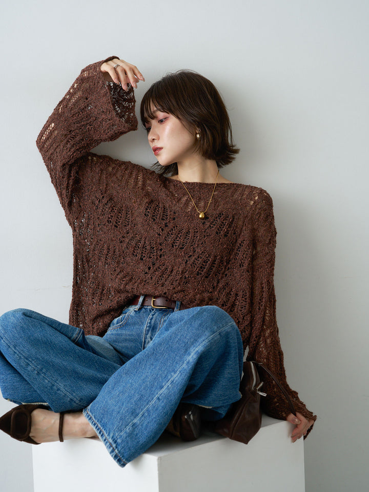 [予約]ミックスループ透かし編みニットトップス/brown