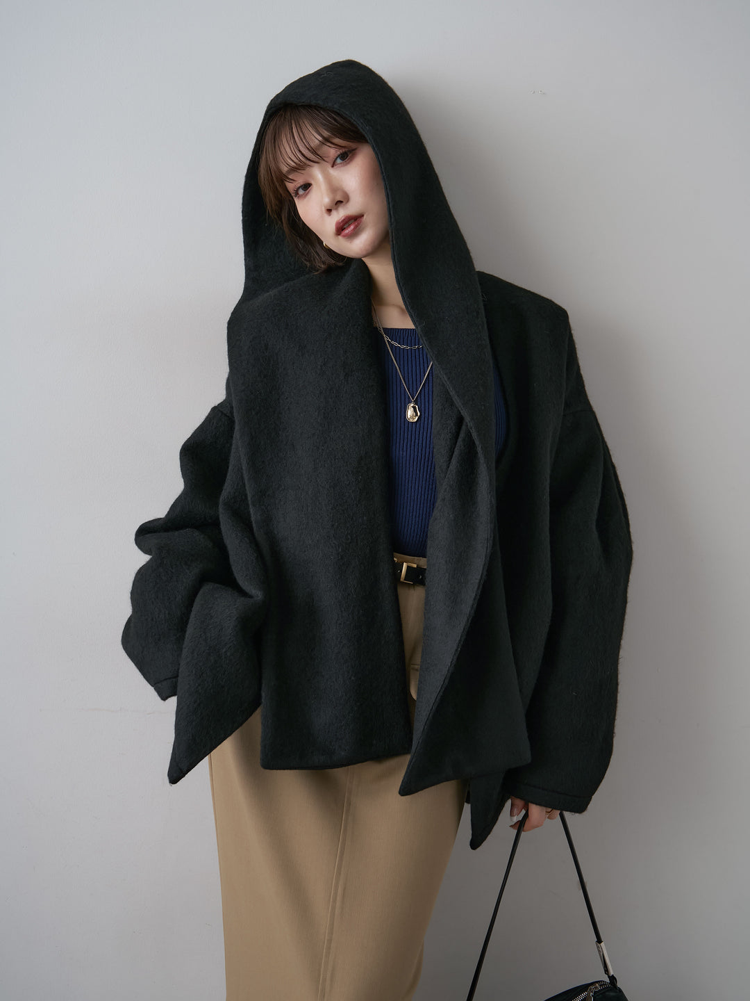 [SET]フードマフ付メランジコート+クレープデシンフラップ付きストレートスカート(2set)