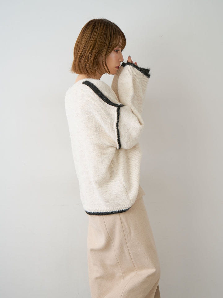 [予約]配色ラインデザインヘムニットプルオーバー/ivory