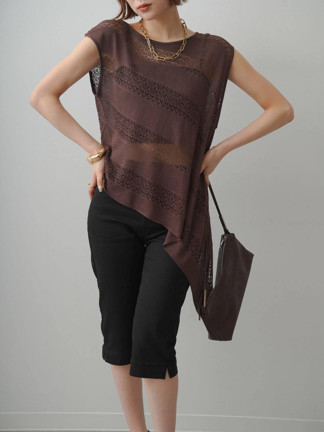 [予約]透かし編みアシメノースリトップス/brown