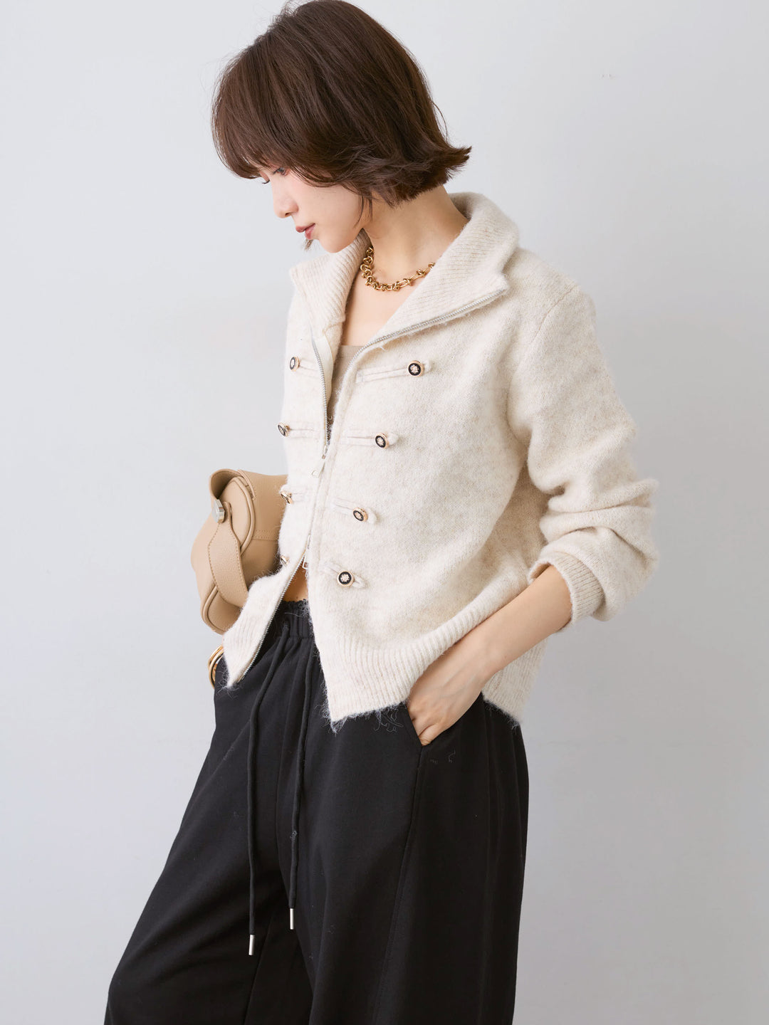 [予約]ナポレオンジップニットカーディガン/beige