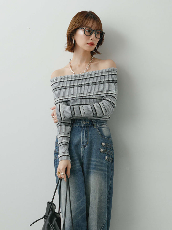 [予約]マルチボーダーオフショルニットトップス/gray
