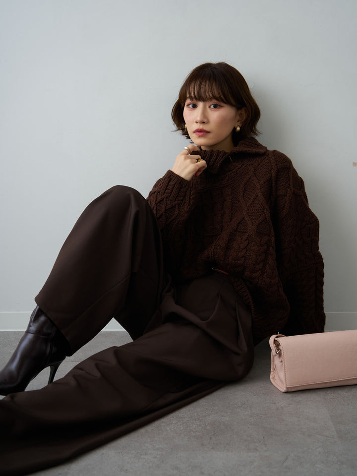 [予約]ネックボタンミックスケーブルニットトップス/brown