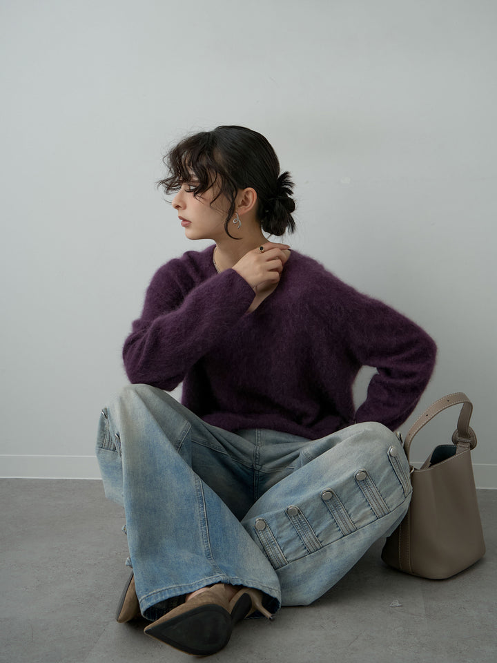 [予約]カシミア混フェザータッチVネックニットトップス/purple