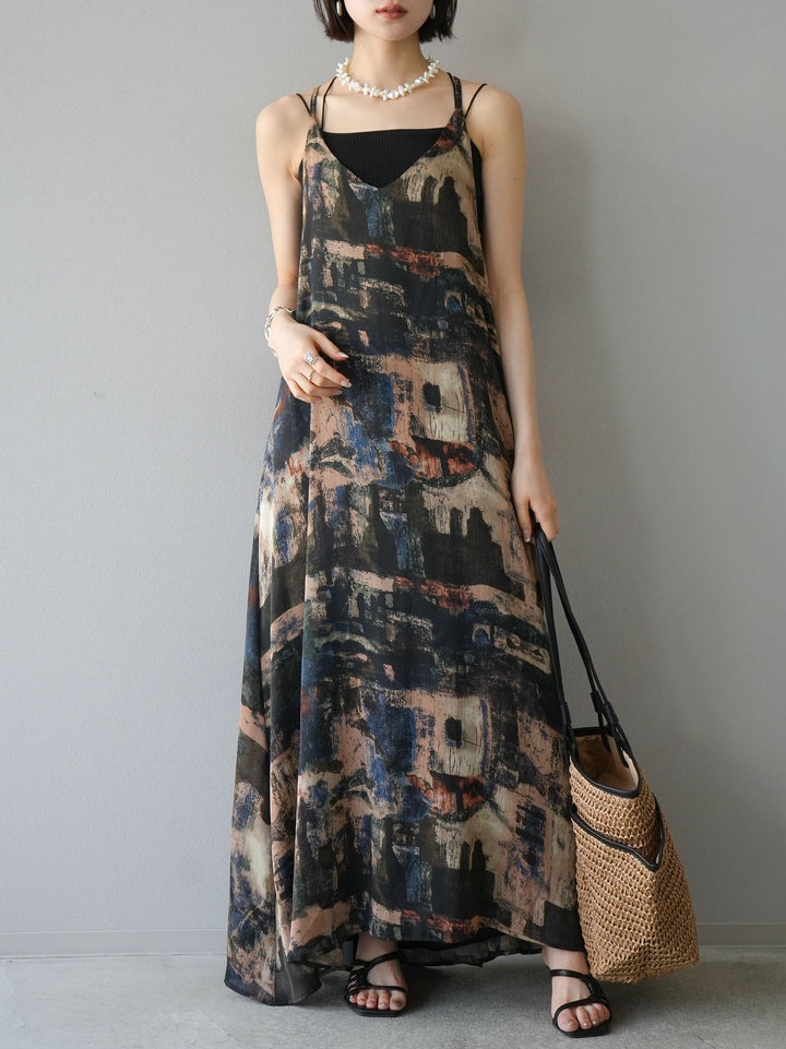 [SET] Nuanced pattern back cross camisole dress + selectable accessory set (2 sets)