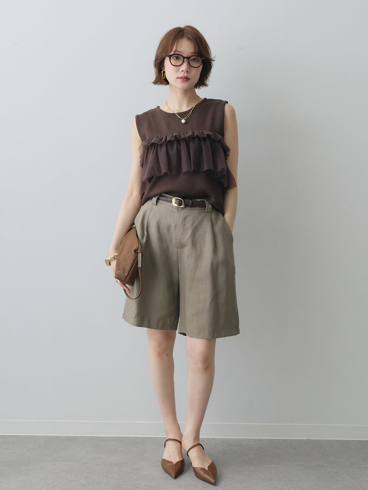 [予約]チュールフリルニットノースリトップス/brown