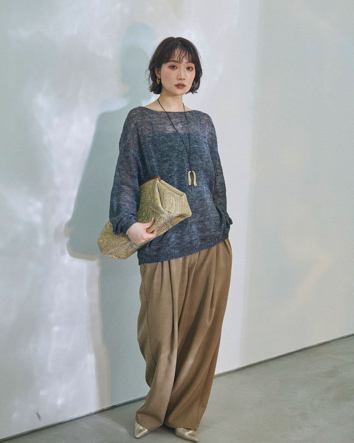 [予約]モヘアタッチ透かし編みボートネックニットプルオーバー/charcoal