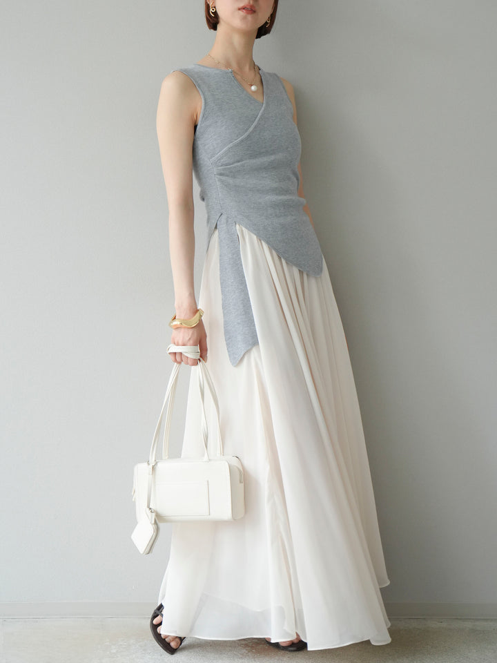 [SET]カシュクールノースリーブニットトップス+シフォンフレアスカート(2set)