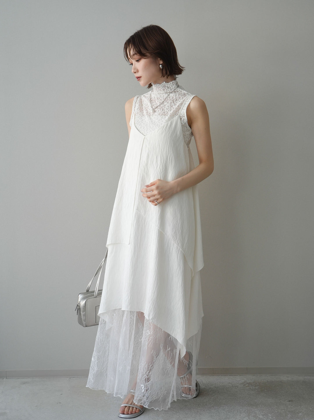 [予約]レース切替アシンメトリーワンピース/white