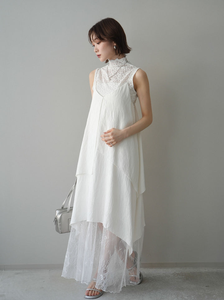 [予約]レース切替アシンメトリーワンピース/white