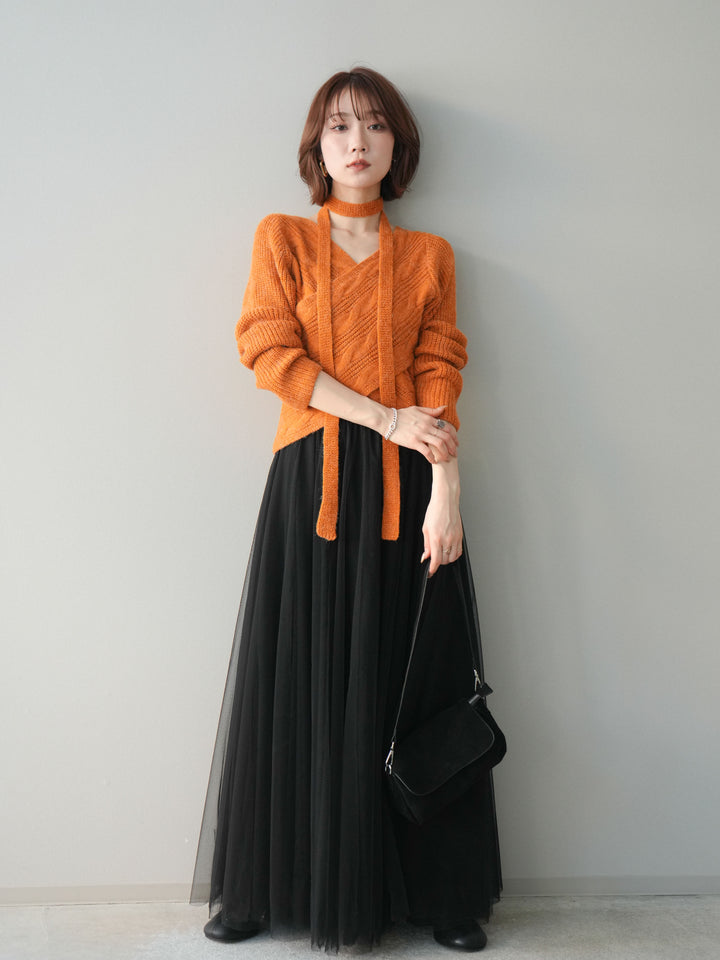 [予約]ケーブル編みクロスニットトップス/orange