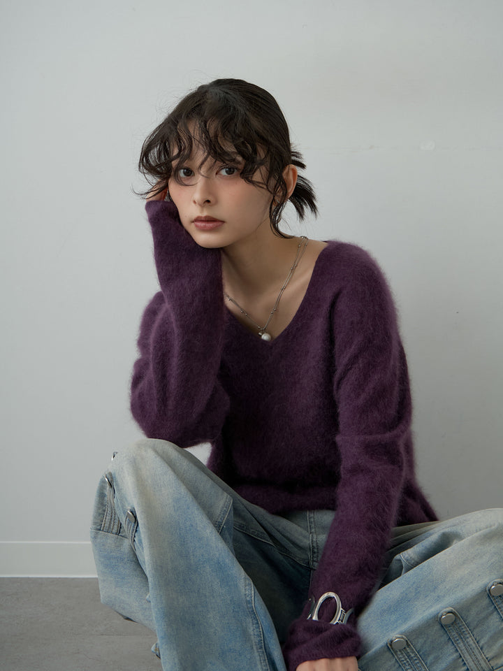 [予約]カシミア混フェザータッチVネックニットトップス/purple
