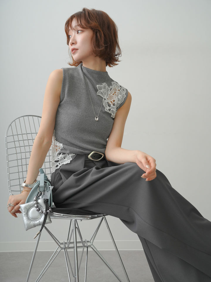 [予約]サイドレースノースリモックニットトップス/gray
