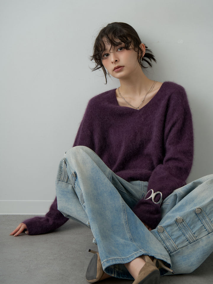 [予約]カシミア混フェザータッチVネックニットトップス/purple