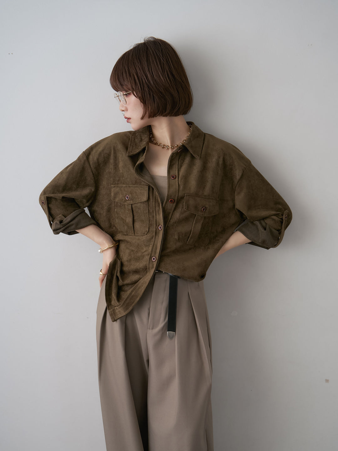 [SET]スウェードタッチWポケットシャツ+ツイルタックワイドパンツ(2set)