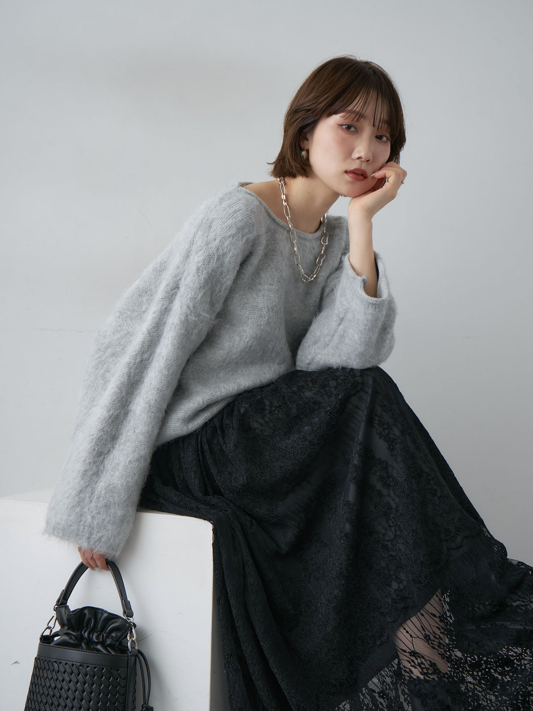 [予約]ボートネックシャギーオーバーニットトップス/lightgray